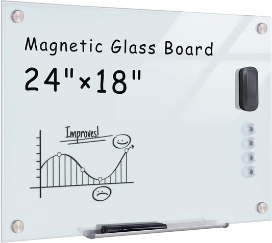 Magnetic Glass Whiteboard，24"x18" Wall Mounted Frameless Dry Erase Board for Office, Home & School White