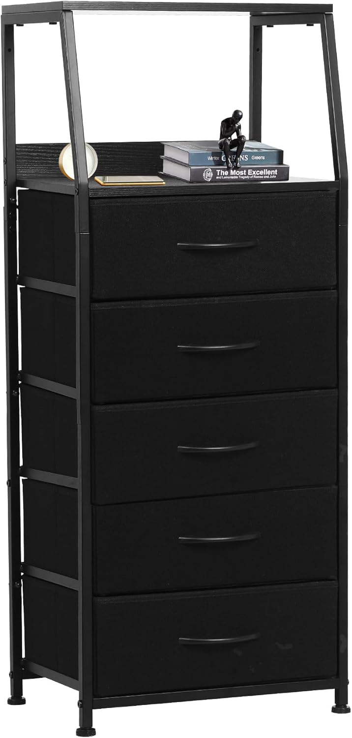 Dresser for Bedroom, Fabric Nightstand Tall Dresser & Chests of Drawers with 5 Drawers, Vertical Organizer Storage, Hallway, Entryway Black