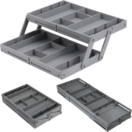 2/3 Tier Smart Collapsible Drawer Organizer,Multi Level Stacking Folding Junk Organizer, Foldable Expandable Pop up Tray, Expanding Multilevel Triple Desk Space Organizer (1 Row 2 Tier)