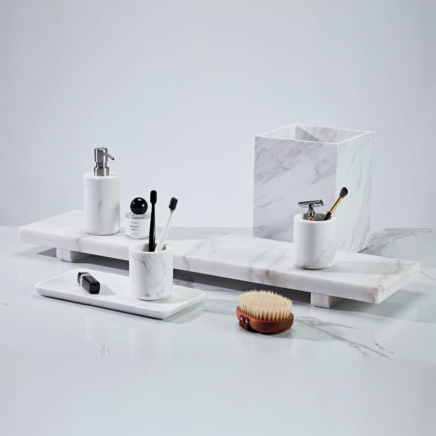 Luxury White Marble Bathroom Essentials Set - Elegant Spa Collection with Timeless Design, High-End Bath Accessories, Premium Stone Craftsmanship for Modern & Classic Decor (Wastebasket)
