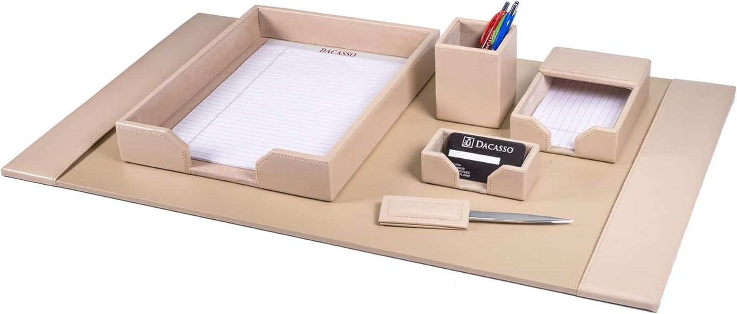 Dacasso Bonded Set Luxury Leather Desk Pad & Desk Organization Essentials, 6 Piece, White Latte