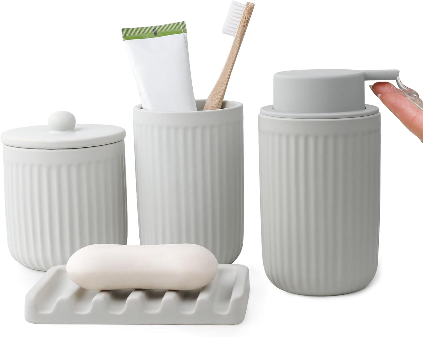 BosilunLife Ceramic Bathroom Accessories Set - Bathroom Counter Soap Set Light Grey Bathroom Decor Sets Accessories Bathroom Lotion Soap Dispenser and Toothbrush Holder Set, Soap Dish, Apothecary Jars