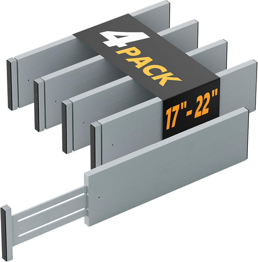 SpaceAid Bamboo 4 Pack Dresser Drawer Dividers, 4.65“ High Adjustable 17“-22” Drawer Organizers, Expandable Organization for Clothing, Clothes, Dressers, Gray