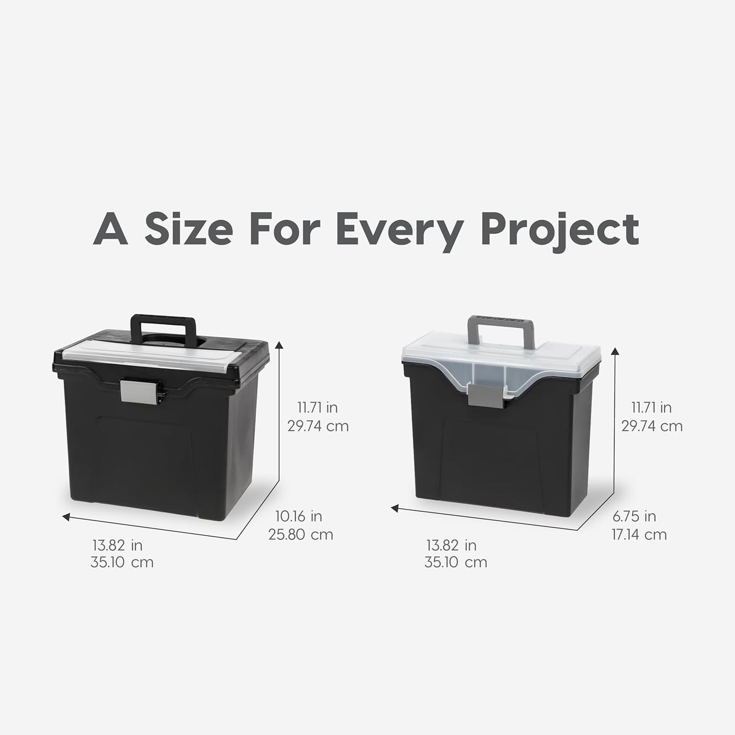 IRIS USA File Box with Lid File Organizer for Letter File w/Organizer-Lid, Water Resistant Document Box, Plastic Mobile Filing Organizer, Secure Buckle, Portable Handle, Lockable, Black 4 Pack
