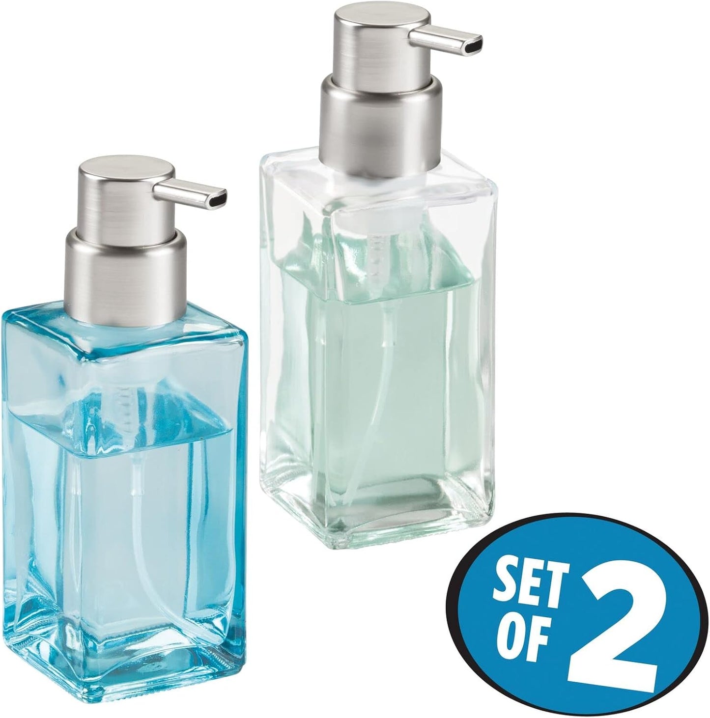 mDesign Glass Refillable Foaming Hand Soap Dispenser Modern Square Pump Bottle for Bathroom Vanity or Kitchen Sink, Countertops - Casi Collection - 2 Pack - Blue/Brushed, Clear/Brushed
