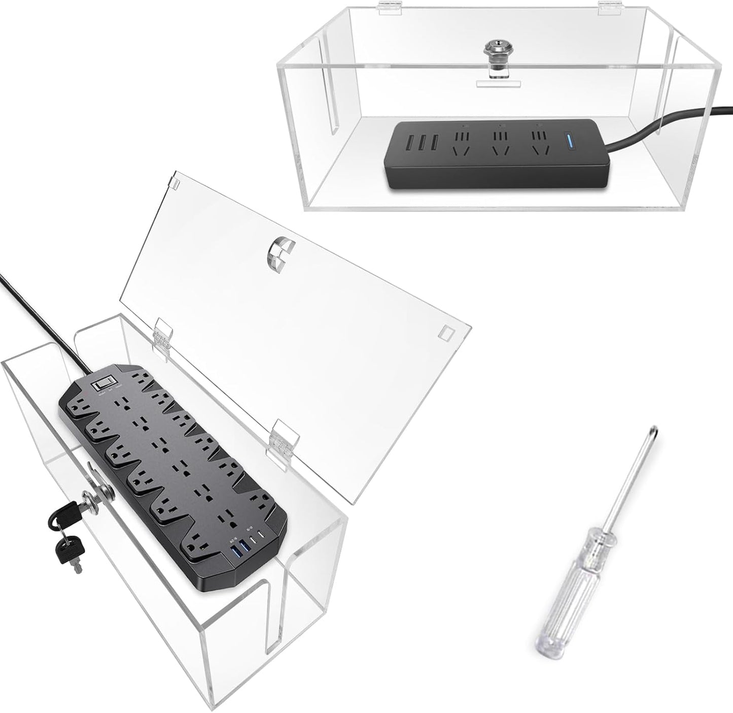 2PC Cable Management Box with Lock,Acrylic,Cable Organizer Box & Power Strip Cover, Wire Organizer for Surge Protector Power Strip,TV Computer,Cable Wires of Home,Office,Child and Pet Proof