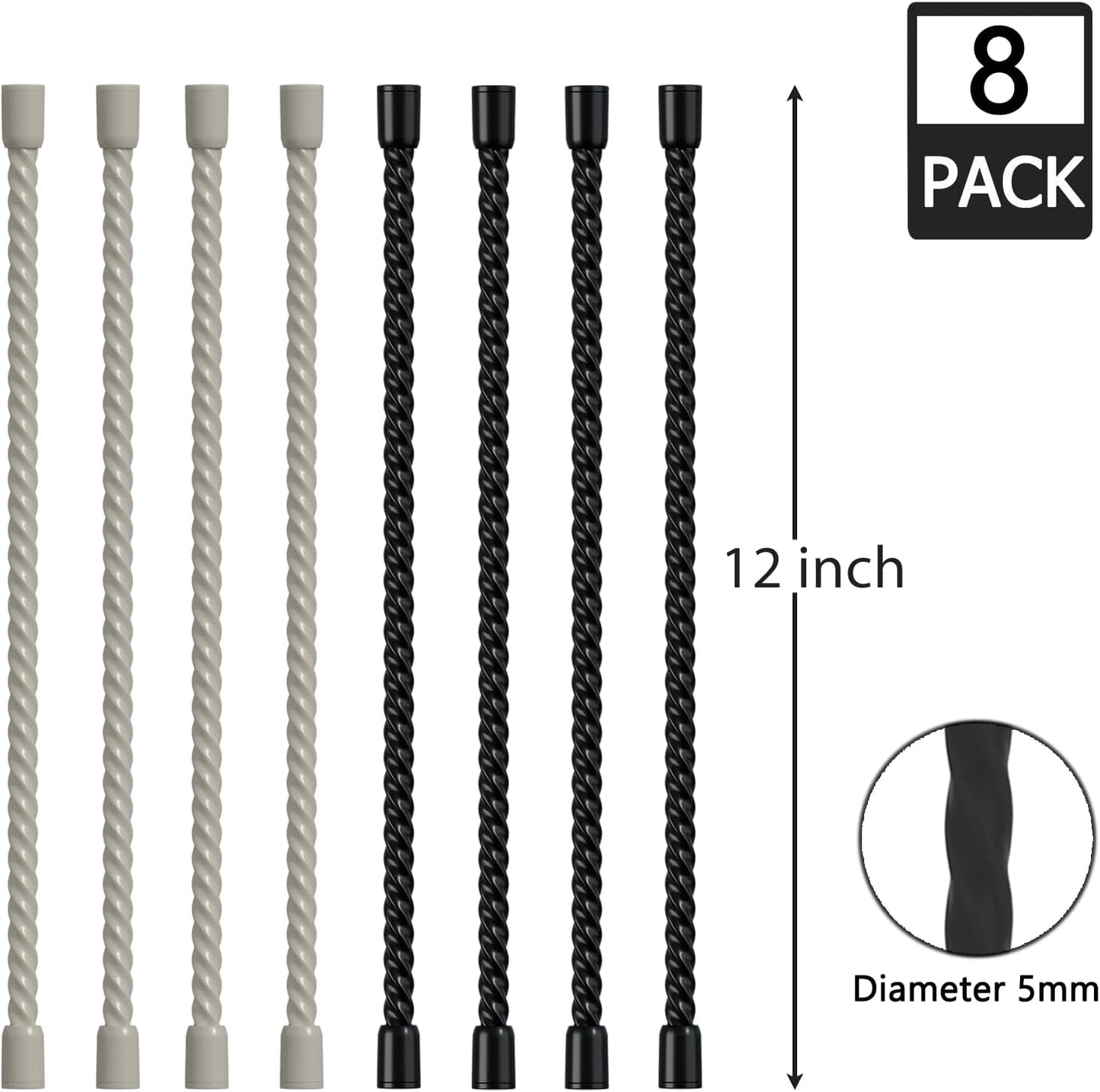 8PCS Silicone Cable Ties 12 Inch Reusable Twist Ties Steel-Core Cable Tie Straps Organizer All Purpose Bendable Cord Tie for Indoor Outdoor Bundling Holding Securing and Wrapping (Black White)