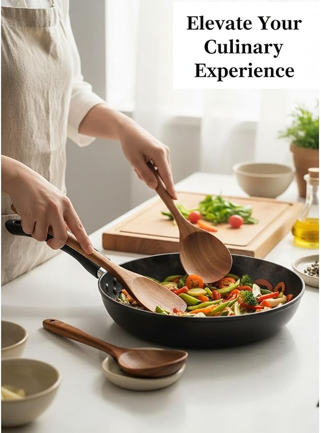 100% Natural Teak Wood Wooden Utensil Set – 6 Pcs Durable Kitchen Spoons for Cooking – Non-Stick & Heat Resistant, Eco-Friendly & Comfortable Grip
