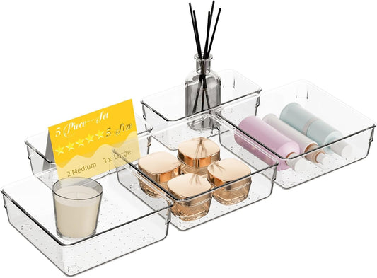 5 PCS Clear Plastic Drawer Organizer Set, 2 Sizes Acrylic Drawer Storage Trays Non Slip Storage Bins for Makeup, Jewelry, Gadgets for Kitchen, Bedroom, Bathroom, Office