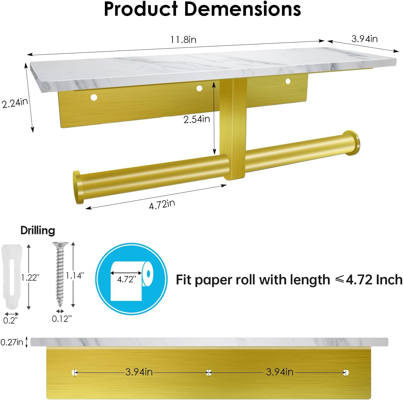 HrontaToilet Paper Holder with Shelf, Double Toilet Paper Holder Wall Mount and 2PCS Free Adhesive Hooks for Bathroom Washroom, Marble Toilet Paper Holder Gold