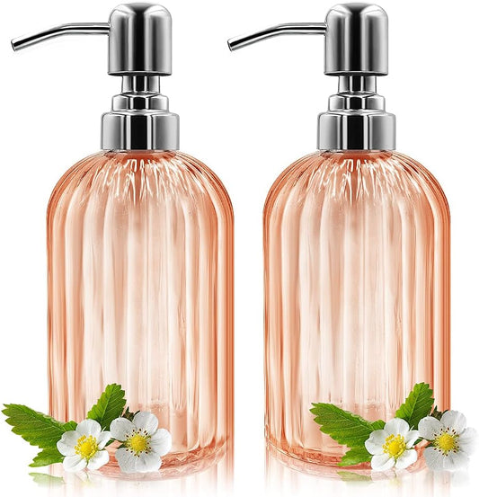 Soap Dispenser - 2 Pack 14 Oz Glass Soap Dispenser with Rust Proof Stainless Steel Pump, Refillable Liquid Bottle Dispenser, Premium Hand Jar Dispenser for Bathroom, Kitchen, Countertop (Amber Orange)