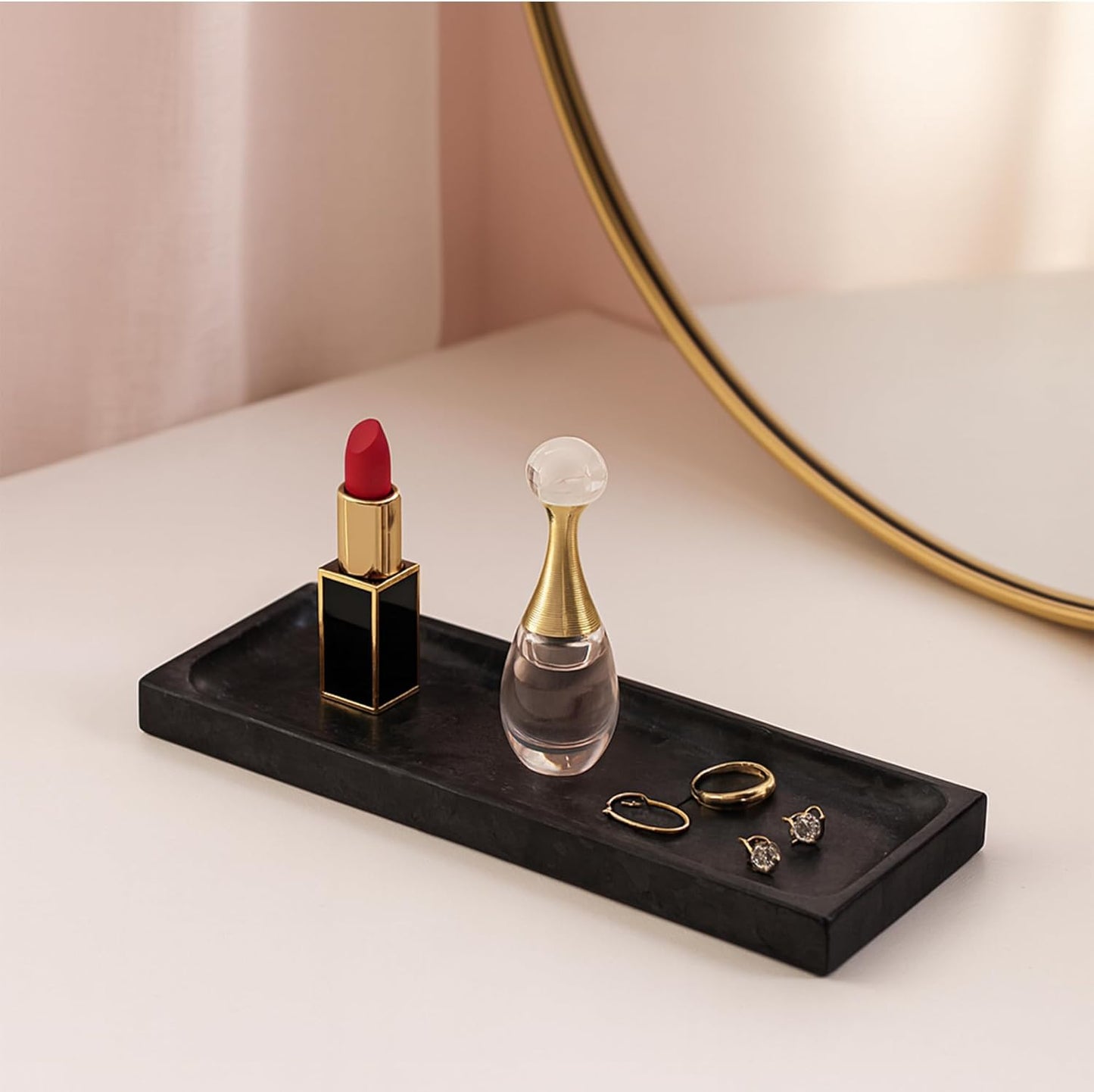 Matte Black Granite Vanity Tray - Natural Stone Rectangular Catchall, 10.6" Decorative Organizer for Bathroom, Entryway, or Desk - Minimalist Display Tray with Unique Veining