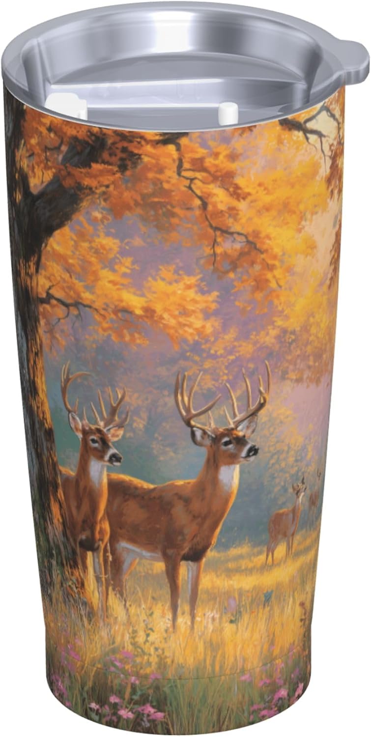 Deer Tumbler with Lid and Straw 20oz Insulated Reusable Stainless Steel Travel Mug Double Wall Vacuum Coffee Cup for Hot Cold Drinks Leak-Proof Portable Cups for Women Men Gifts