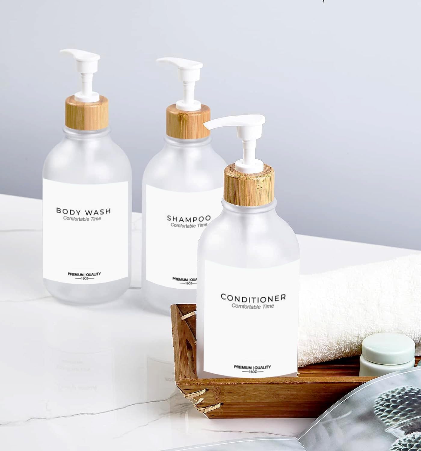 Frosted Heavy Duty Shampoo and Conditioner Bottles, Apothecary Dispenser Bamboo Pump, Refillable Shampoo Bottles for Shampoo Lotion Oil Shower Soap Hand Soap and Dish Soap (Matte Clear)