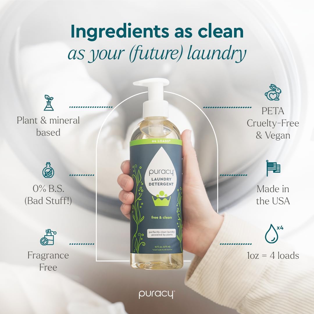 Puracy Laundry Detergent - Enzyme-Powered Liquid Laundry Detergent Concentrate, Natural Laundry Detergent Seen on TikTok, Non-Toxic (Free & Clear, 16 fl oz, 64 Loads)
