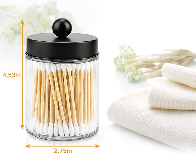 4 Pack Glass Apothecary Jars with Lids for Bathroom, Cute Qtip Holder, Black Bathroom Accessories Set, Small Bathroom Canisters with Lids for Q-Tips, Cotton Swabs, Black Bathhouses Decor