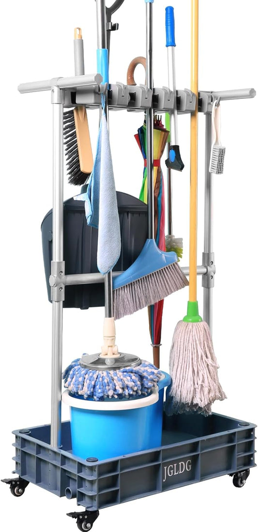 Mobile Mop and Broom Holder，Efficient Storage Solution for Cleaning Tools Keep Your Tools Handy and Organized