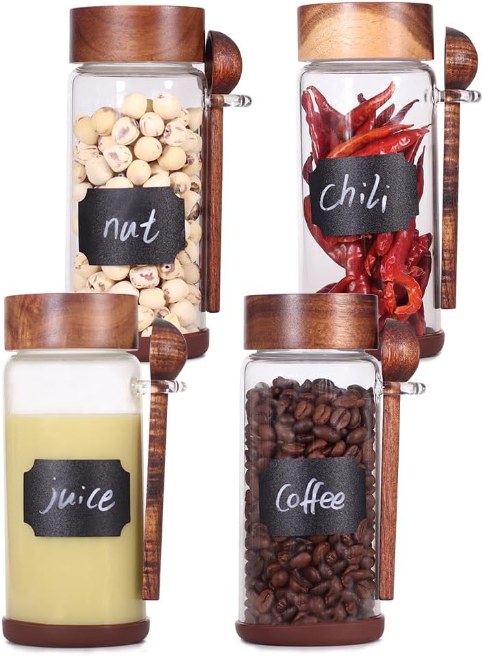 SAIOOL High Bprosilicate Glass 4 Pack Spice Jars with Label and Spoons,Overnight Oats Containers with Acacia Airtight Lids,Glass Food Storage Jars, Coffee Bar (Acacia 11.5 OZ*4)