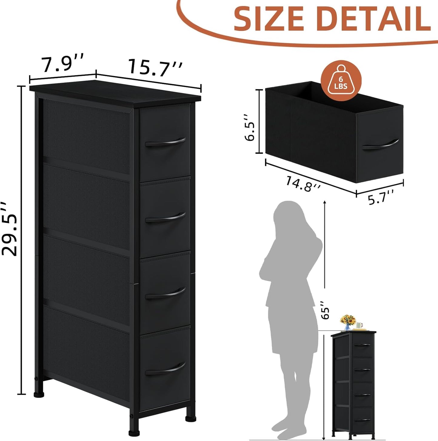 Somdot Narrow Dresser with 4 Drawers, Slim Storage Organizer Chest of Drawers with Removable Fabric Drawers for Small Spaces Bathroom Closet Bedroom Laundry, Black