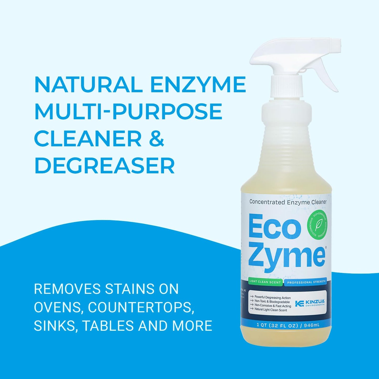 KINZUA ENVIRONMENTAL Eco-Zyme, Enzyme Cleaner Concentrate with Professional Strength, Multipurpose Cleaner Concentrate & Kitchen Degreaser Spray for Floor, Carpet, Concrete, Walls & More, 32 fl oz