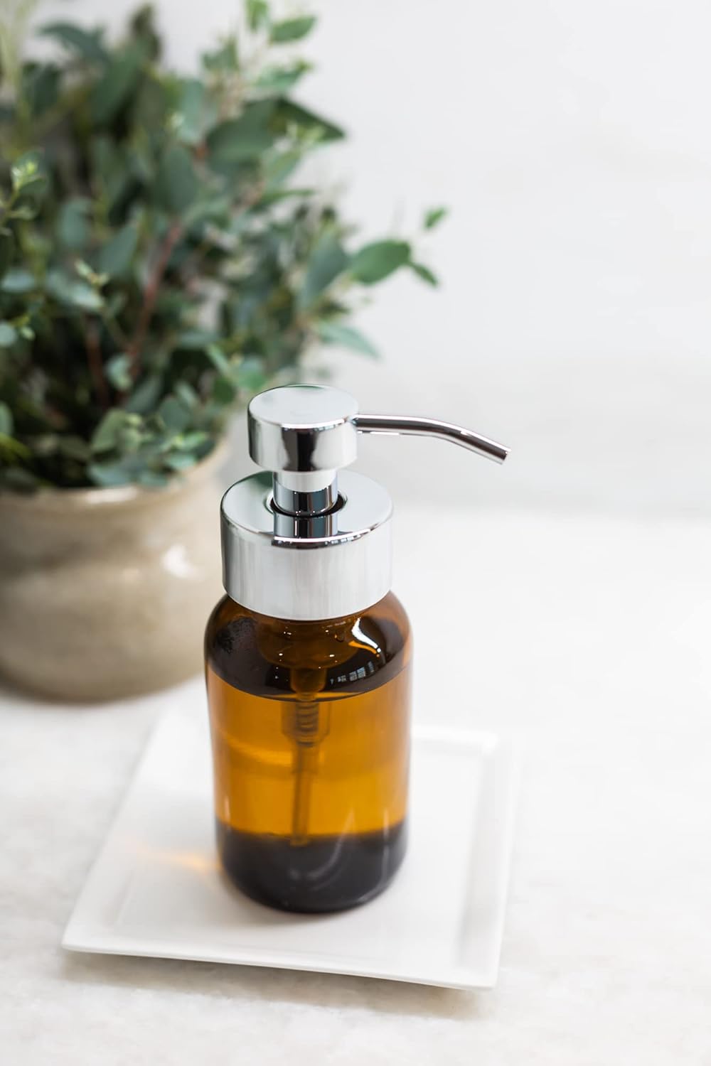 Rail19 Amber Glass Apothecary Foaming Soap Dispenser with Metal Pump - for Kitchen and Bathroom Countertop, 8.5oz (Polished Chrome)