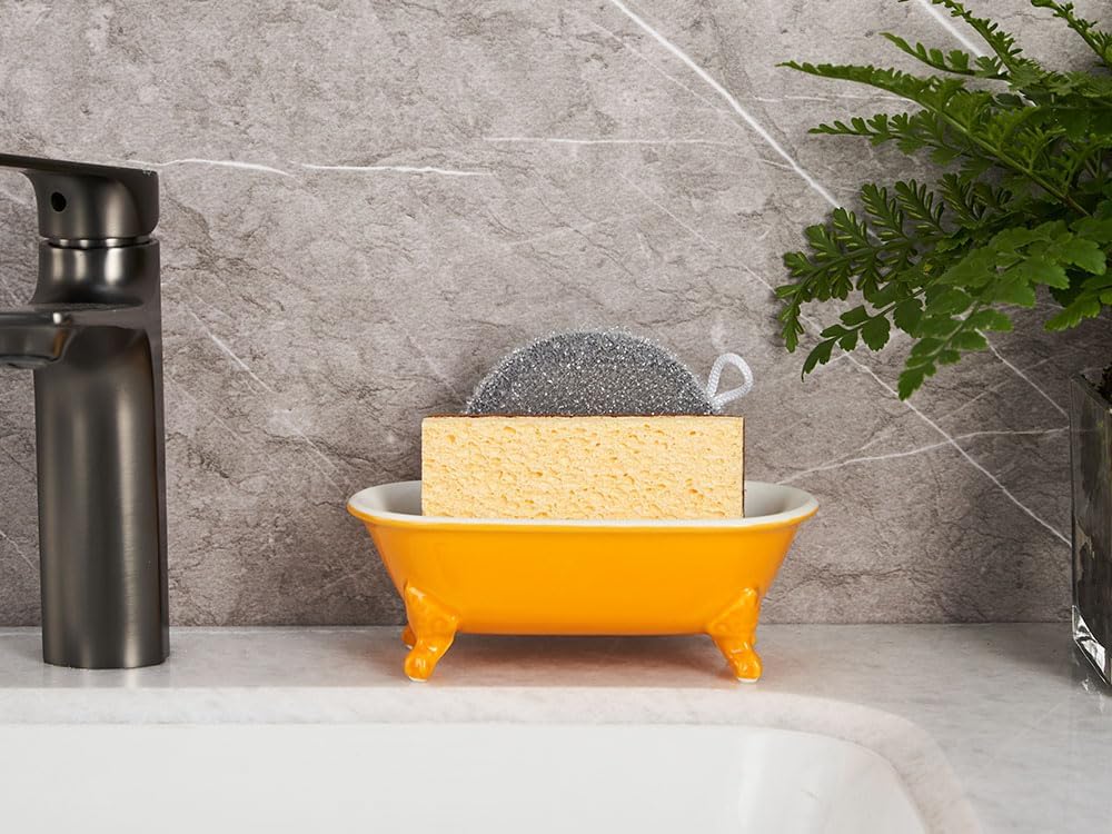 6.5" Ceramic Mini Decorative Clawfoot Bathtub Bar Soap Dish, Kitchen Sponge Holder and Shower Tray for Bathroom, 1 Pack(Golden Yellow)