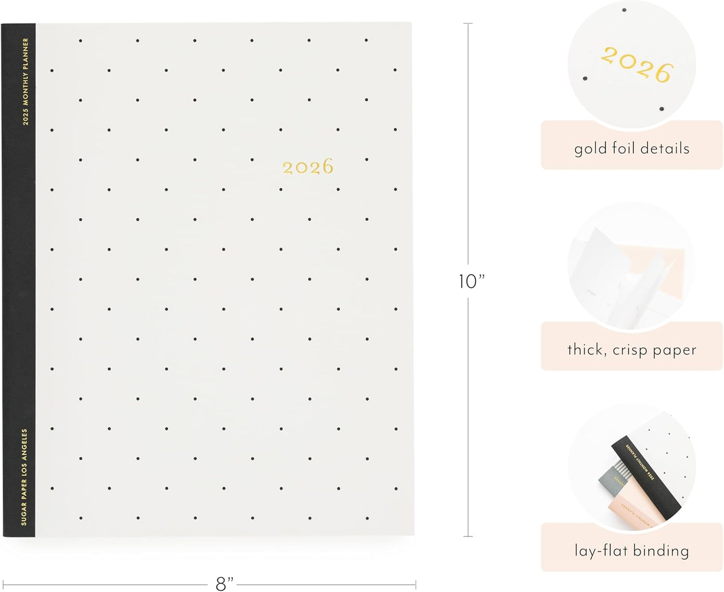 Sugar Paper 2026 Monthly Planner, January to December, 8" x 10", Calendar for Women, Flexible Matte Paper Cover, Fabric Tape Stitch Binding, 12 Month, Two Tone Pink