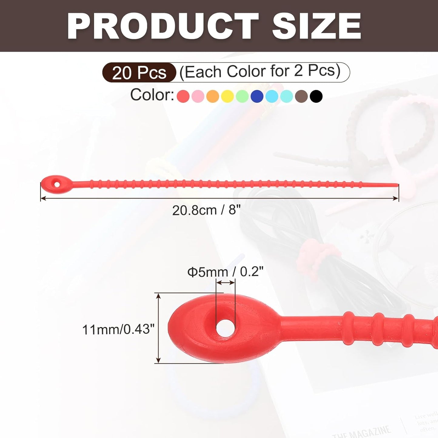 PATIKIL 8 Inch Silicone Cable Ties, 20pcs Rubber Reusable Twist Zip Ties Organizer for Home Office Kitchen Food bags Wires Adjustable Bag Clip, Colorful