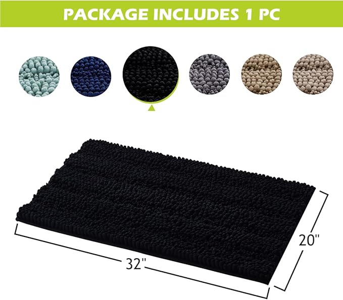 KGORGE Non Skid Bathroom Rugs - Easy Wash Absorbent Thick Shaggy Quick Dry Dirt Resistance Floor Mats for Kitchen Shower Tub Black Small Bath Mat, 20" W x 32" L, 1Pc