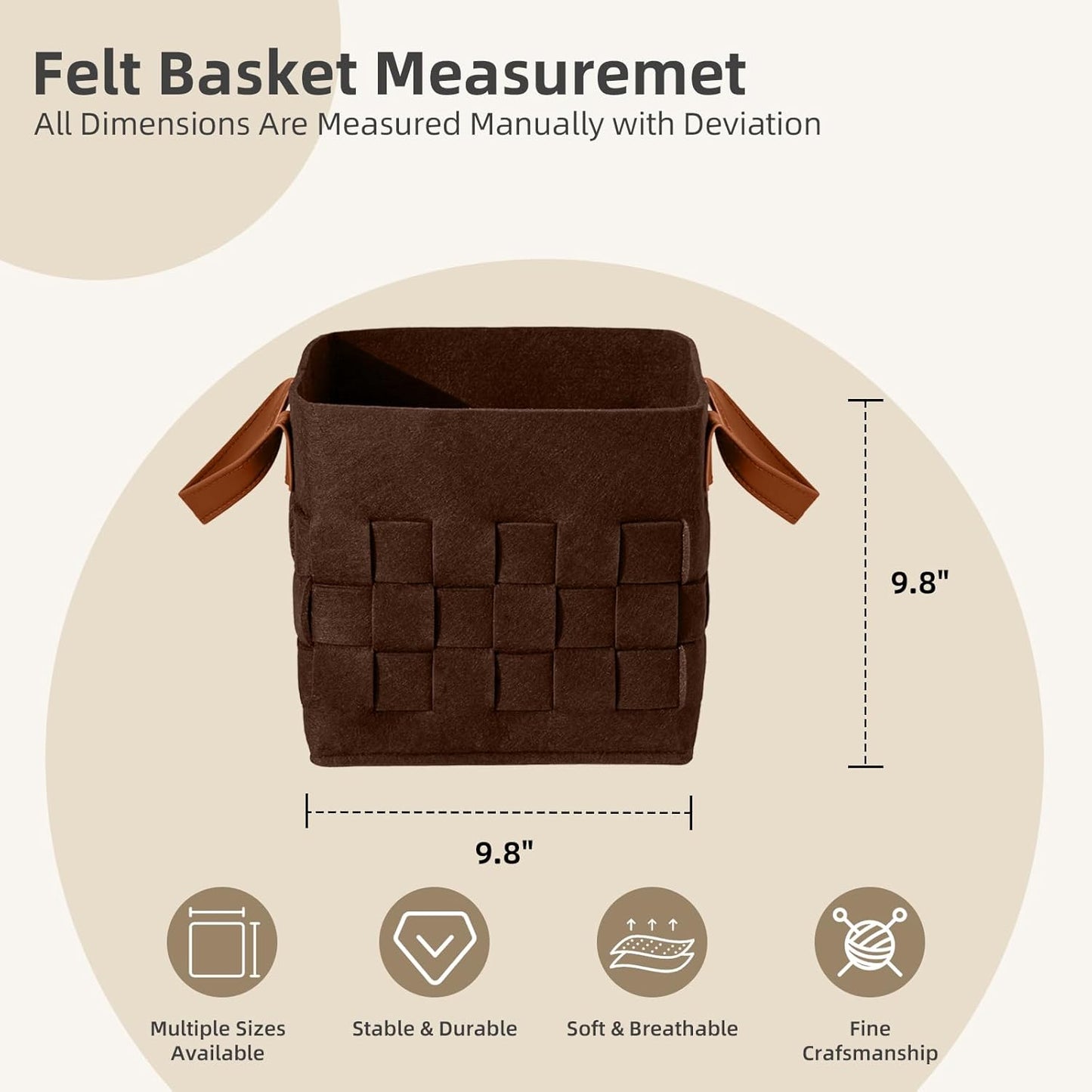 10 Inch Cube Storage Basket 3 Pack, Blanket Baskets with Leather Handle, Felt Fabric Storage Bin for Shelves,Square Baskets for Toys Nursery Living Room, Brown