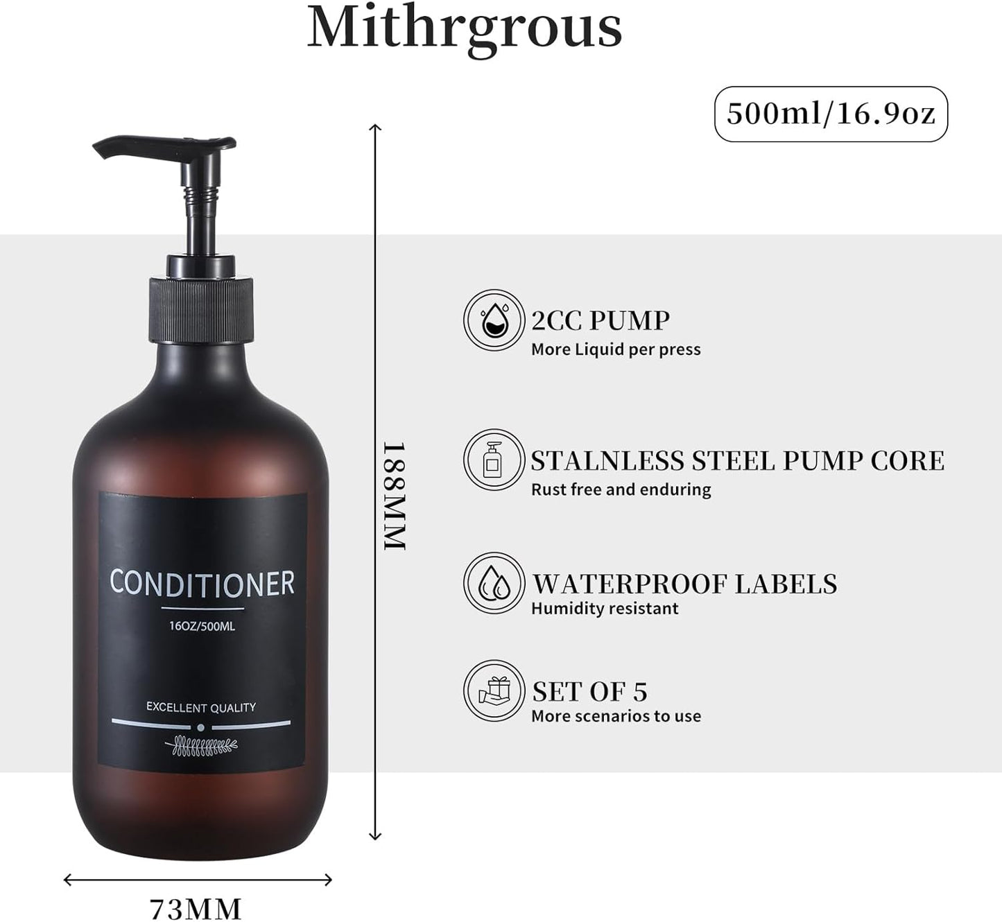 Shampoo Bottles Refillable with Pump (5Pack Matte Amber) Plastic 16.9oz Amber Reusable Shampoo and Conditioner Bottles,Bathroom Bottles with Pump and Labels