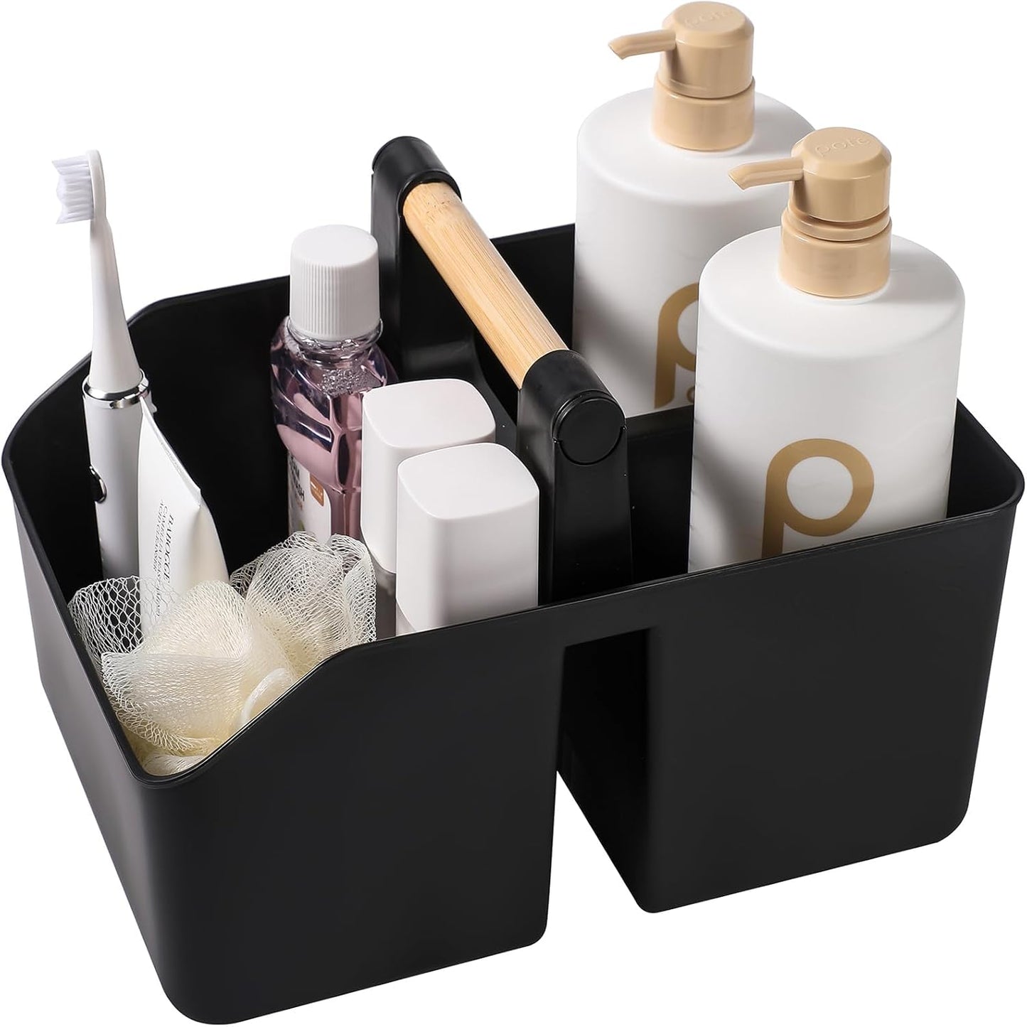 rejomiik Portable Shower Caddy Basket with Bamboo Handle, Plastic Cleaning Caddy Bathroom Organizer Tote for College Dorm Essentials, Bath Toy Storage, Black