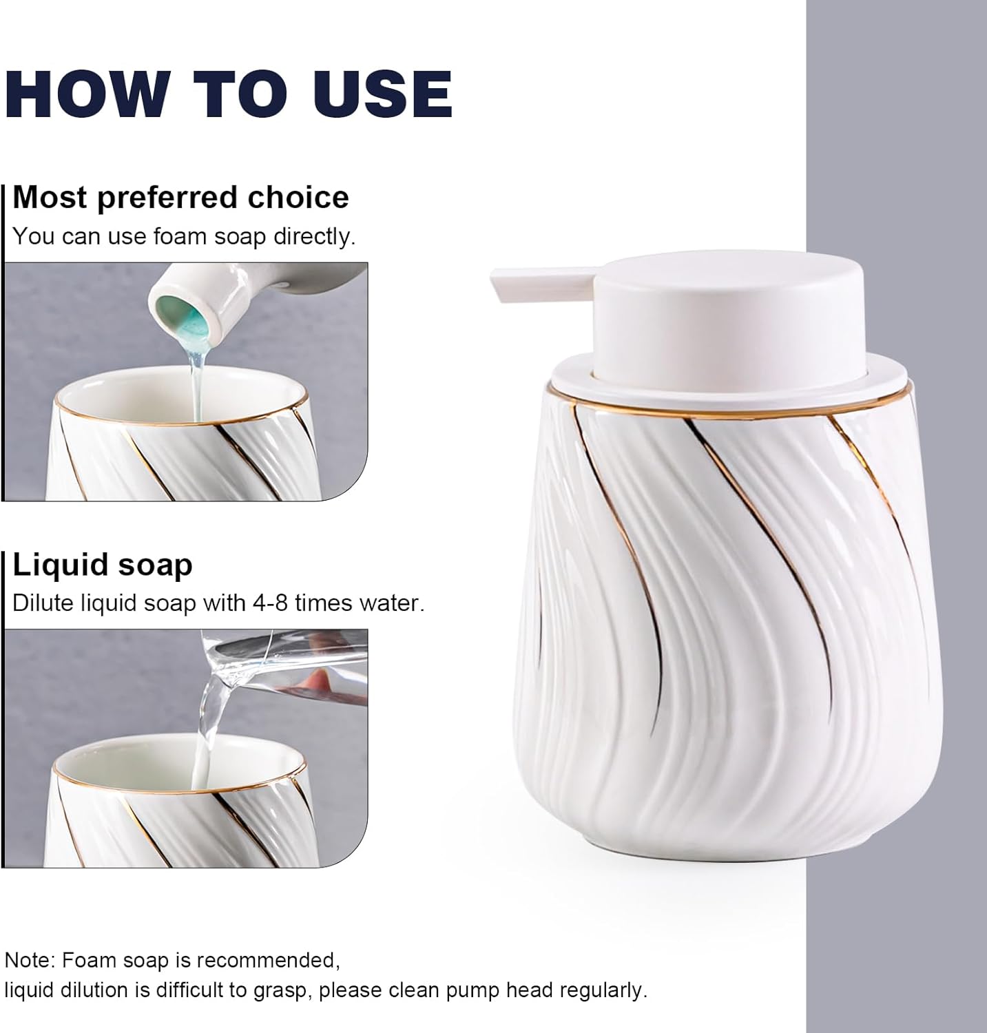 Foam Hand Soap Dispenser - 13.5 oz Ceramic foaming Hand soap Dispenser with Easy-to-Press Pump for Bathroom refillable Liquid Hand soap Dispenser (Foam-White with Gold Thread)