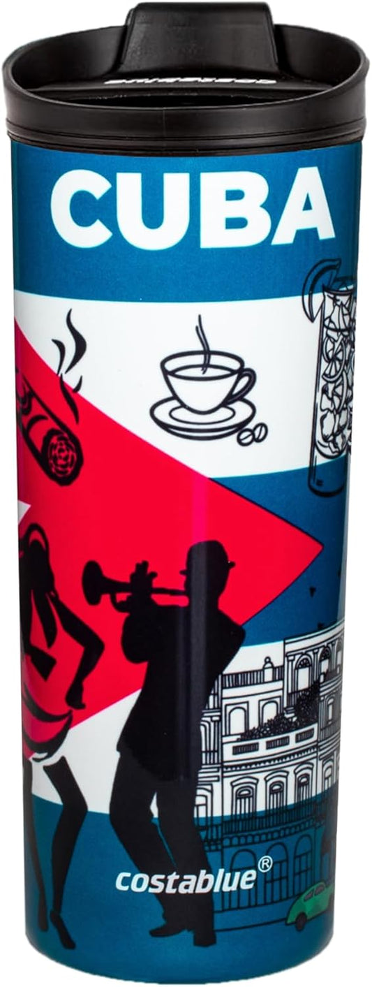 Cuba Vacuum Insulated Stainless Steel Thermal Travel Mug, 16 oz, Easy Clean, Flip leak Proof Lid Cuba Flag with Icons from Cuba…