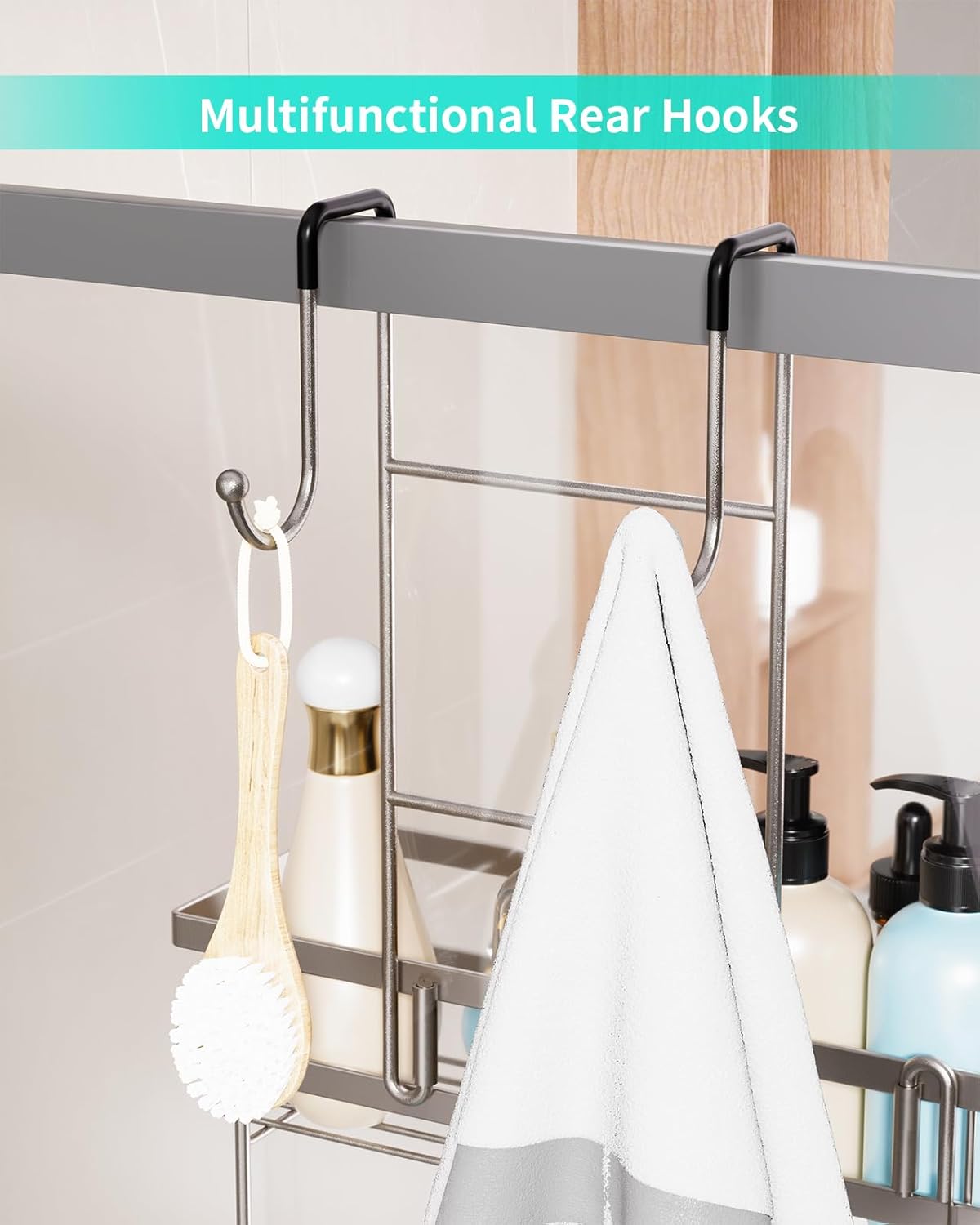HapiRm Shower Caddy over Door- Hanging Shower Organizer with 14 Hooks and Soap Holder, Rustproof & Waterproof Stainless Steel Bathroom Shelf - Brushed Nickel