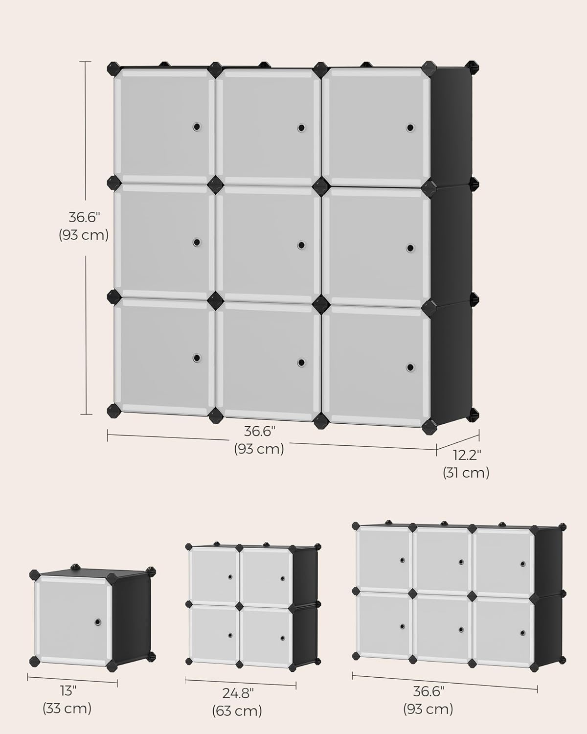 SONGMICS Cube Storage Organizer, Set of 9 Plastic Cubes, Closet Storage Shelves, DIY Plastic Closet Cabinet, Modular Bookcase, Shelving with Doors for Bedroom, Living Room, Black and White ULPC116HS