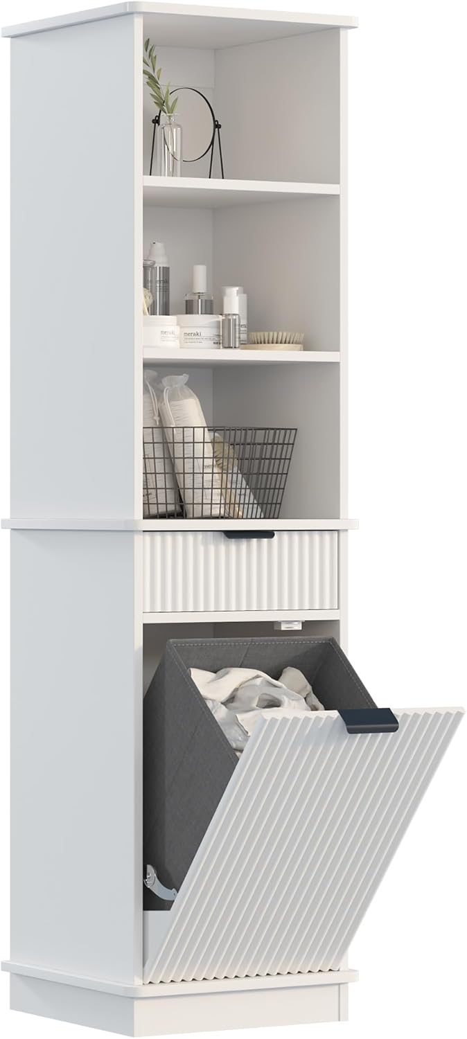 White Tilt Out Laundry Hamper Tall Bathroom Storage Cabinet Hidden Laundry Hamper Cabinet with Drawers and Baskets for Bathroom Hamper with Storage for Bedroom,16x16x59in