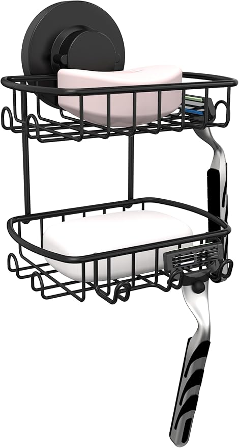 Soap Dish for Shower Suction Cup Powerful Vacuum System Rustproof 304 Stainless Steel Basket Sponges Holder with Razor Hooks for Bathroom or Kitchen Soap Holder, 2 Tier (Black)