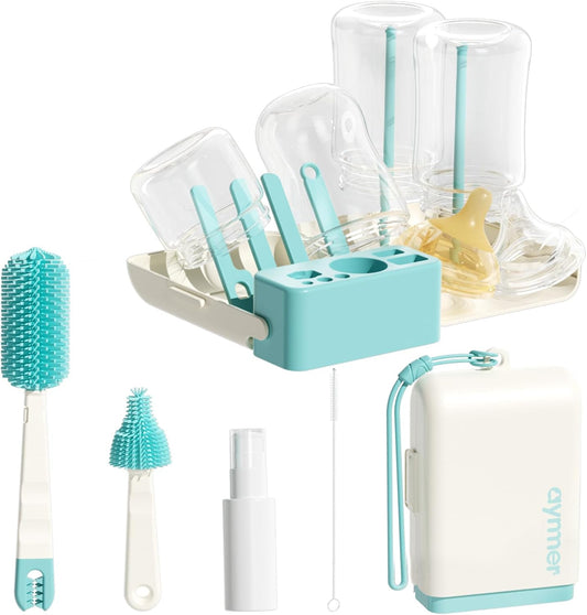 Baby Bottle Brush Cleaner Set - 7 in 1 Travel Bottle Cleaning Brush Kit with Silicone Bottle Brush, Nipple Brush, Soap Dispenser, Portable Drying Rack, Breast Pump & Bottle Cleaning Kit - Lake Green
