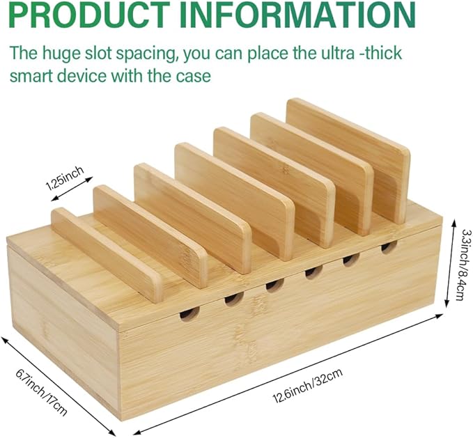 Bamboo Charging Station for Multiple Devices, Desk Docking Stations Organizer Compatible with iPhone Devices, Wood Charging Cell Phone Holder Stand (Includes 6 Cables) (NO Power Supply)