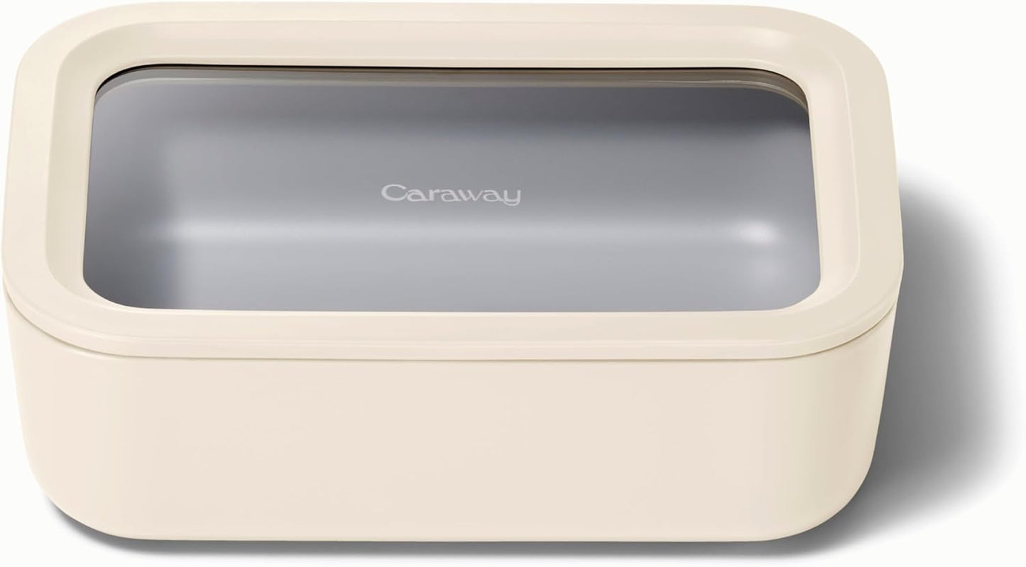 Caraway Glass Food Storage, 6.6 Cup Glass Container,Ceramic Coated Food Container,Easy to Store, Non Toxic, Non Stick Lunch Box Container with Glass Lids. Dishwasher, Oven,Square Shape,Cream
