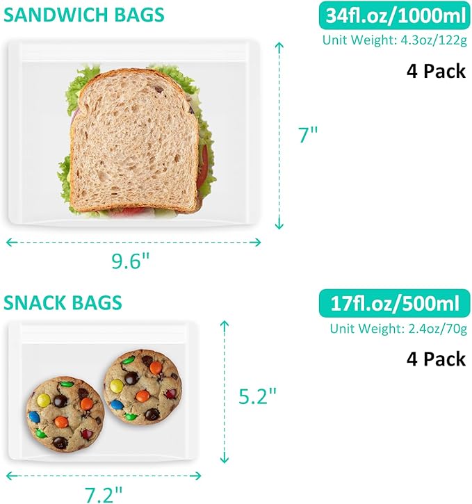 Reusable Sandwich Bags & Snack Bags Set, 8 Pack, 100% Silicone Reusable Storage Bag, Soft Shell Ziplock Silicone Food Storage Containers, Freezer Microwave Oven Dishwasher Safe, Translucent