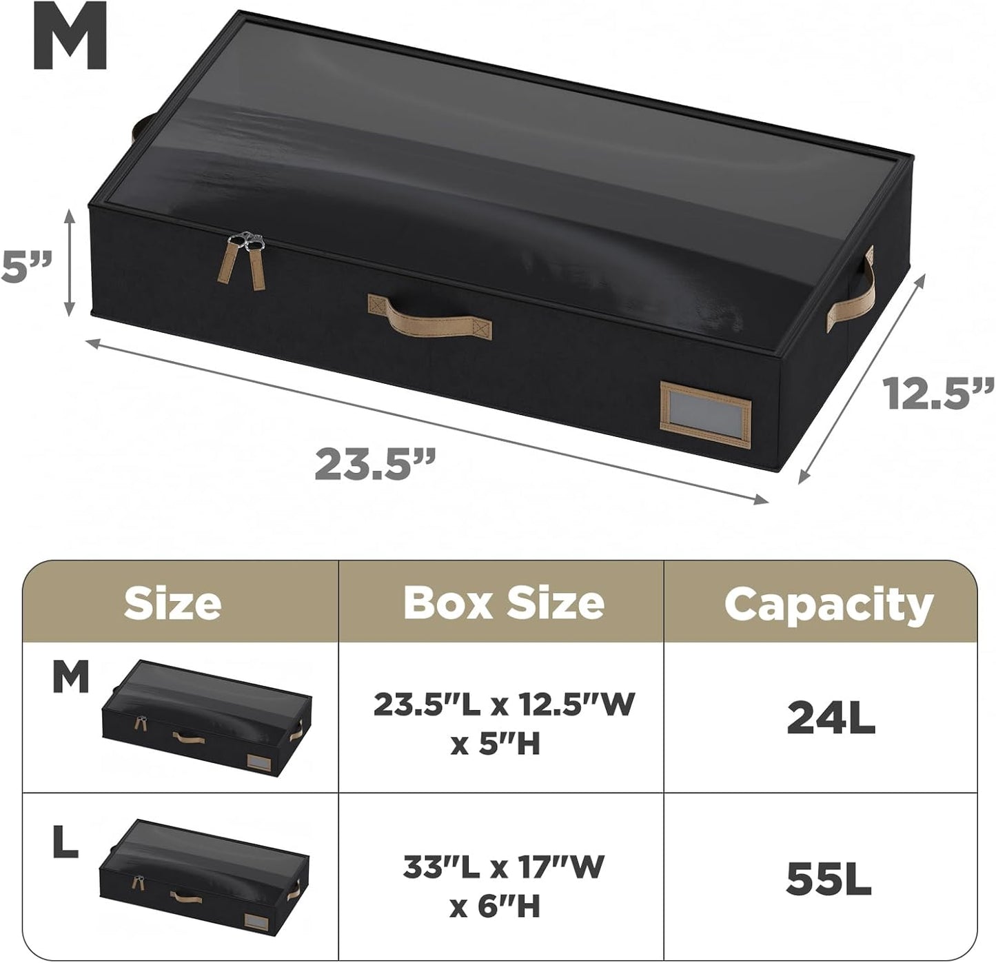 Under Bed Storage, Under Bed Storage Containers Bins for Clothes, Large Linen Underbed Closet Organization Bins, 2 Pack Collapsible Underbed Bin Dorm for Clothes, Sweater, Black