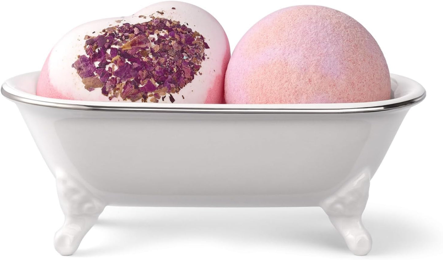 6.5" Ceramic Mini Decorative Clawfoot Bathtub Bar Soap Dish, Kitchen Sponge Holder and Shower Tray for Bathroom, 1 Pack (White Silver Rim)