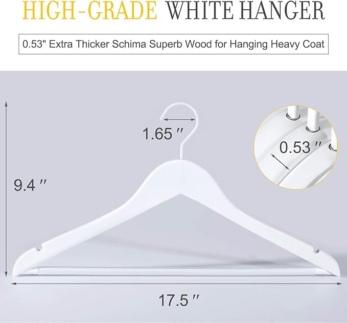 TOPIA HANGER All White Wooden Hangers, Solid Wood Suit Hangers with Extra Thick Hook and Non Slip Pants Bar, Heavy Duty Coat Hangers with Notches, Bridal Hangers for Shirts 16 Pack -CT01W