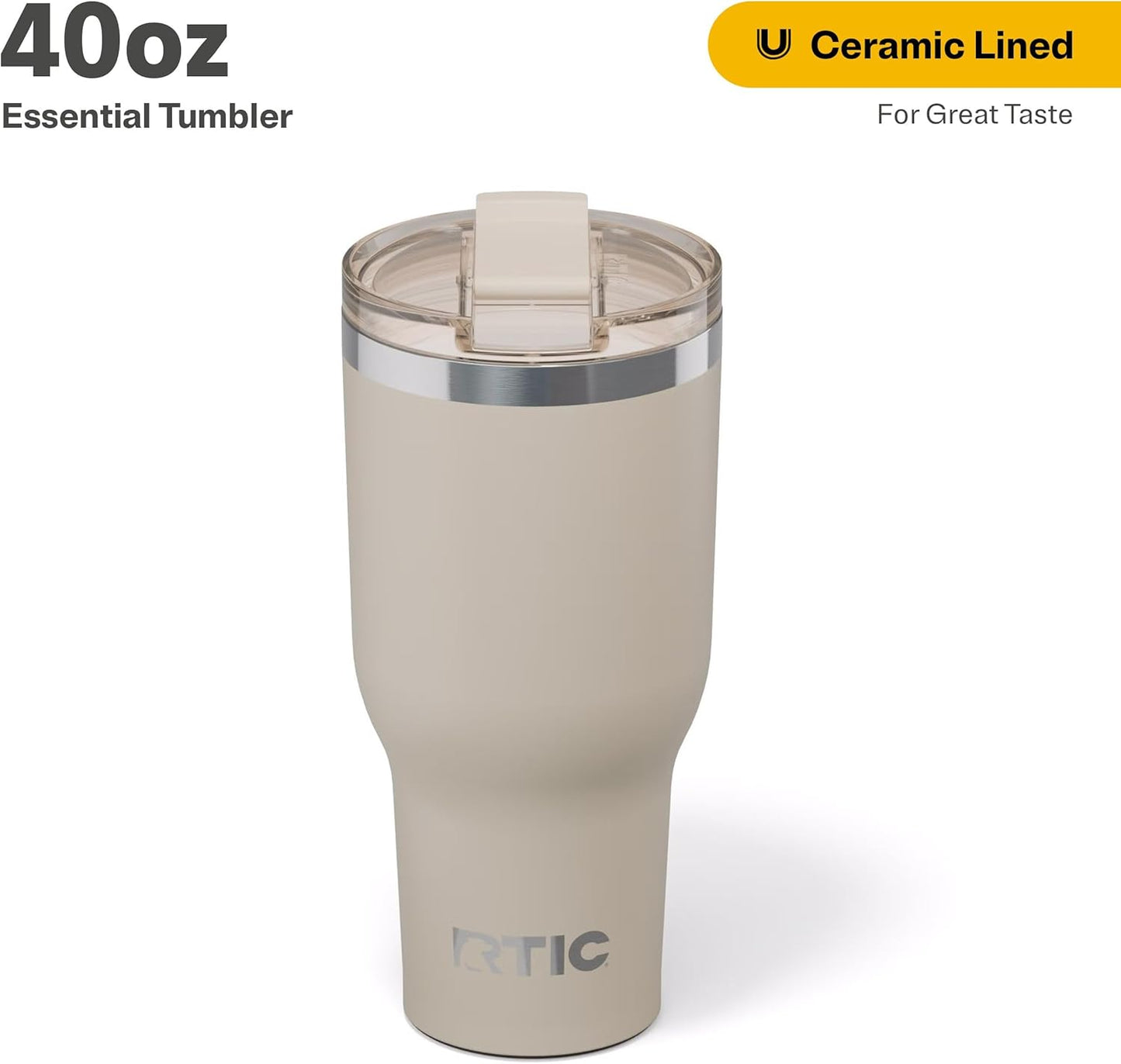 RTIC 40oz Essential Tumbler with Lid, Ceramic Lined, Insulated, Stainless Steel, Metal, Double Wall Vacuum-Insulation, Travel Cup for Iced Coffee, Tea, Hot and Cold Drink, Beach