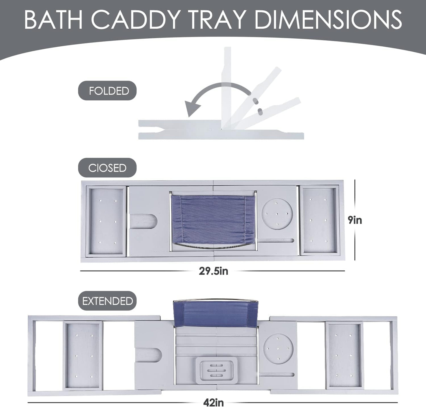 Foldable Bathtub Caddy Tray, Bamboo Bath Tub Tray Table for Tub with Wine Glass Holder Book Phone Tablet Holder with Extending Sides, Adjustable Bathroom Bathtub Free Soap Holder Gift Idea (Grey)