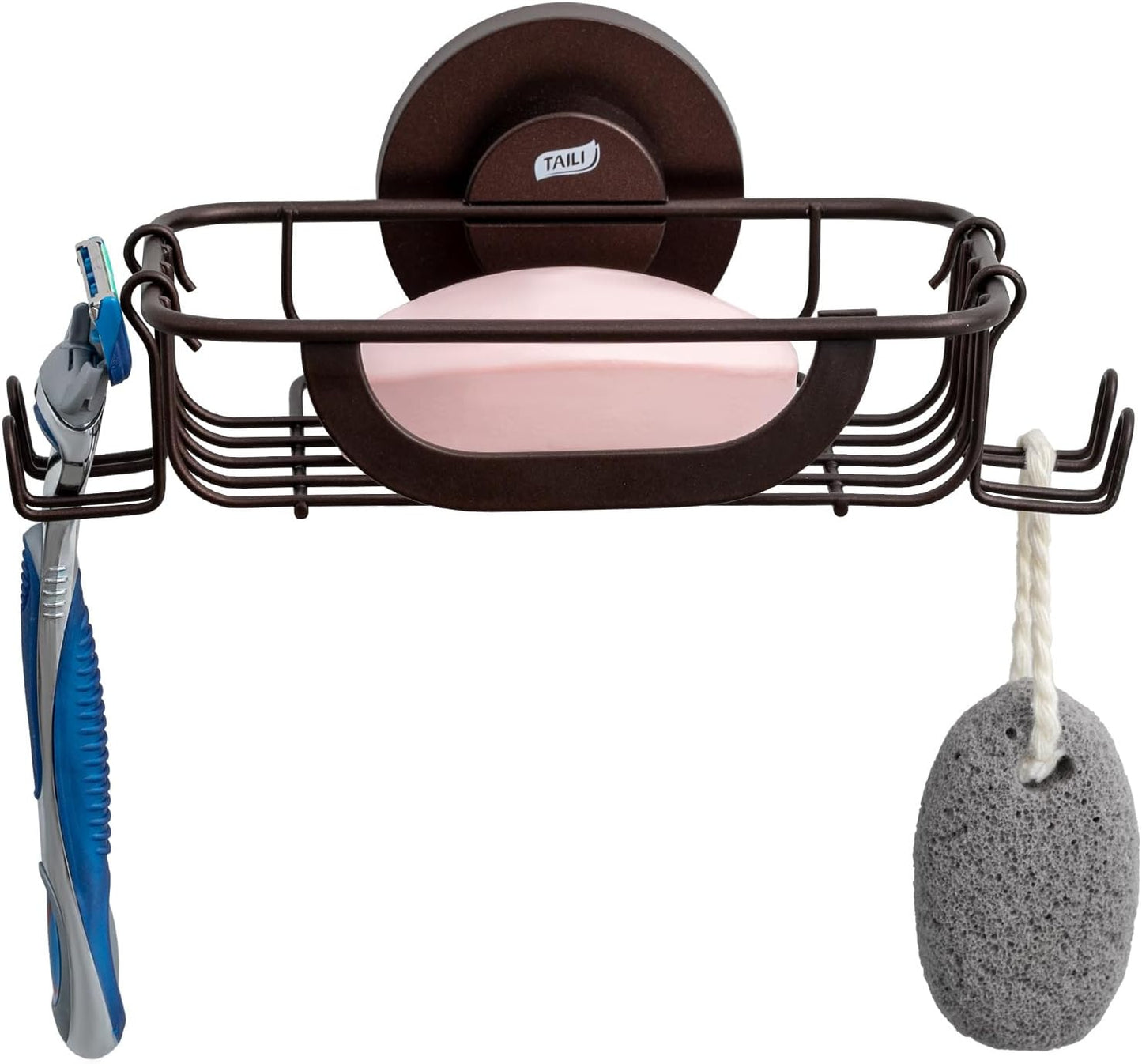 TAILI Soap Bar Holder Dish with Hooks, Shower Soap Tray Saver Suction Cup with Razor Holder for Wall, Rustproof Stainless Steel Bath Shampoo Caddy for Bathroom Accessories Organizer,Brown