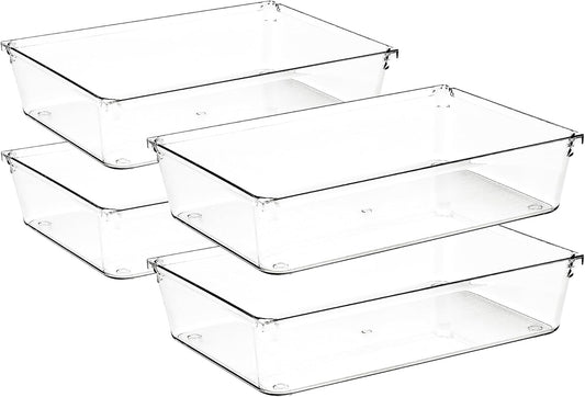 4 Pack Drawer Organizer - 6" X 9" Clear Acrylic Storage Bins with Non-Slip Pads, Versatile Desk Tray for Makeup, Jewelry, Kitchen, Bathroom, and Office Organization