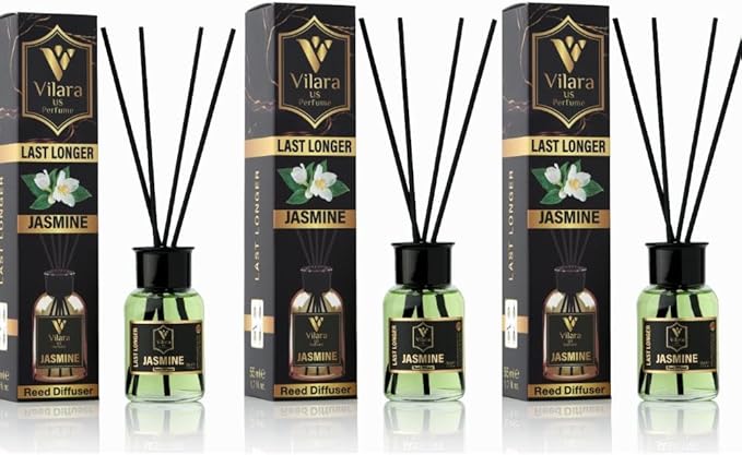 Reed Diffuser Set with Sticks for Home – Bathroom, Bedroom & Office Aromatherapy – Long Lasting Scented Oil Diffuser with Sticks – Luxury Room Fragrance Diffuser 55ml,1.7 fl oz (Jasmine Pack 3)